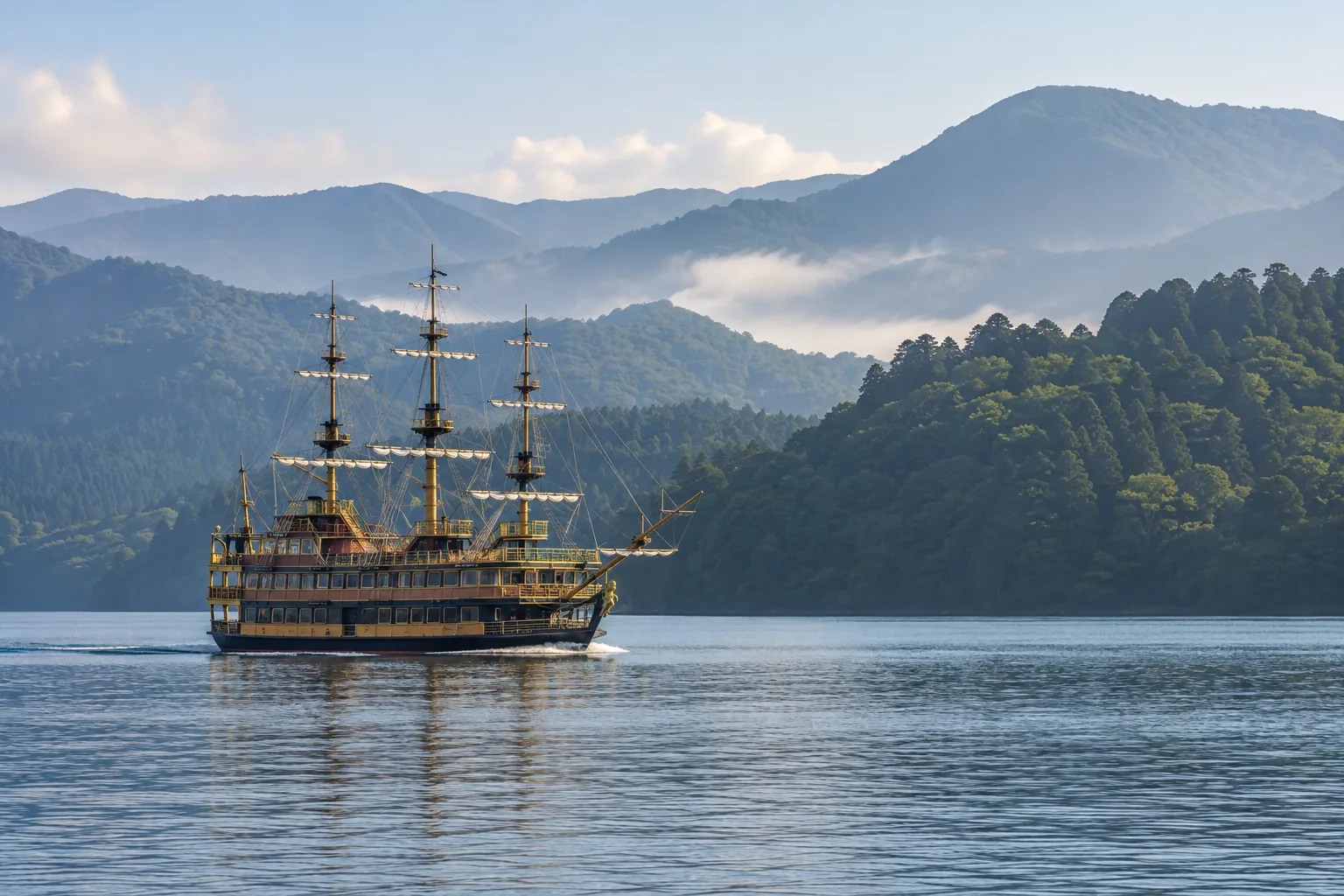 A pirate-style sightseeing ship crossing Lake Ashi in Hakone in soft morning light, with forested mountains in the distance