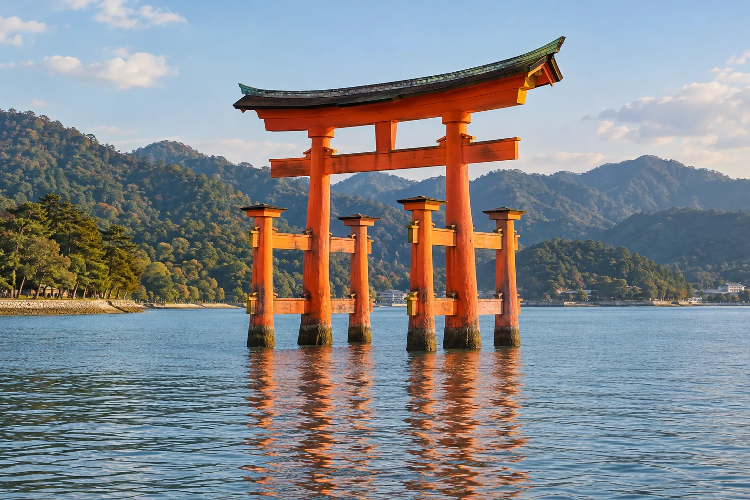The red Great Torii gate of Itsukushima Shrine standing in calm sea water at high tide, with forested hills behind on Miyajima island