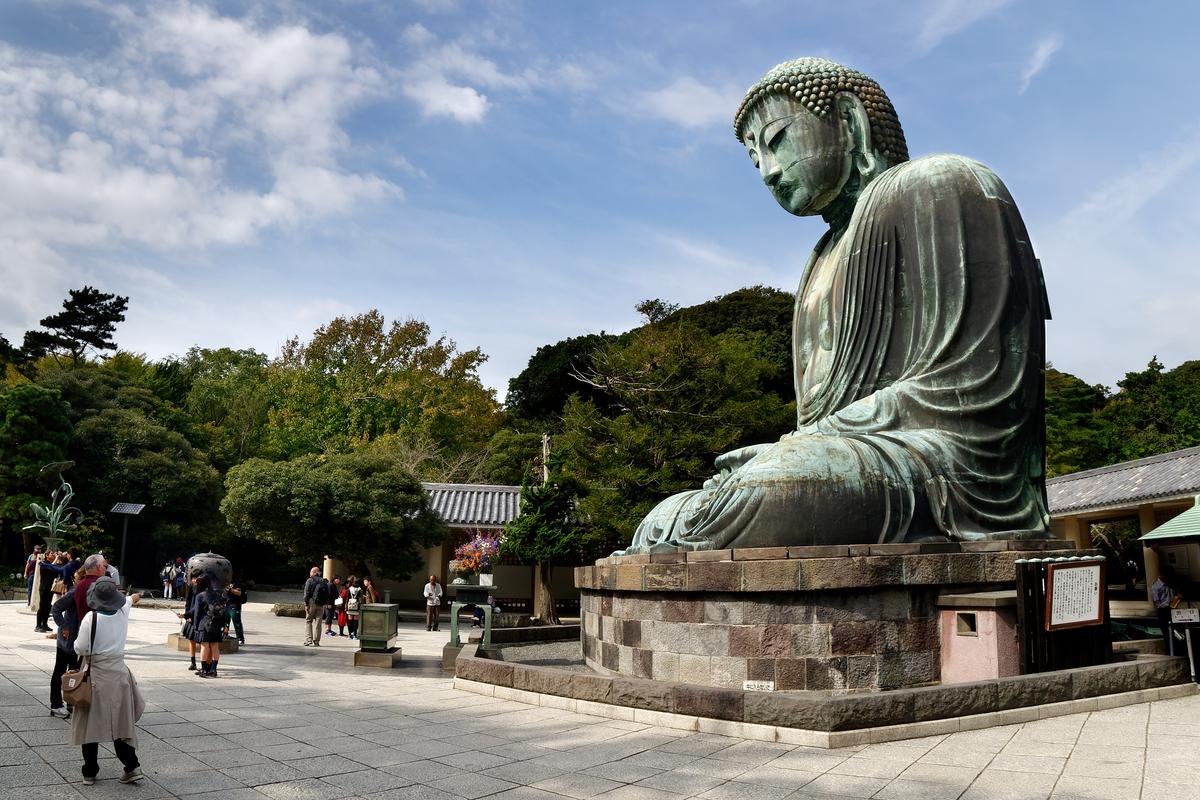 The Great Buddha of Kamakura (Daibutsu), a large outdoor bronze Amida Buddha seated at Kotoku-in