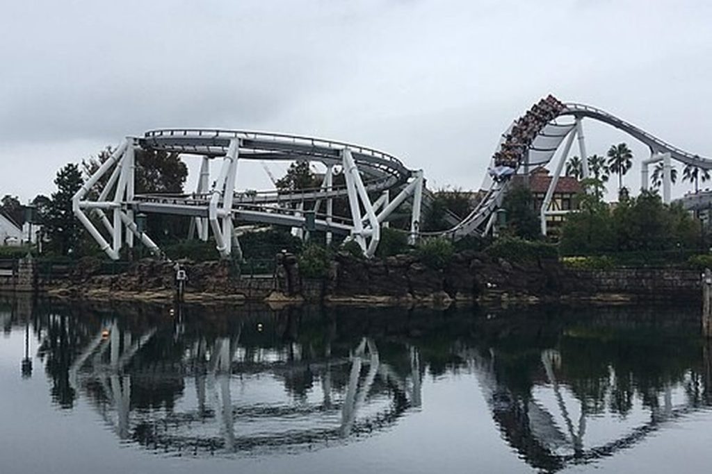 Roller coaster track curving over the lagoon at Universal Studios Japan on a cloudy day