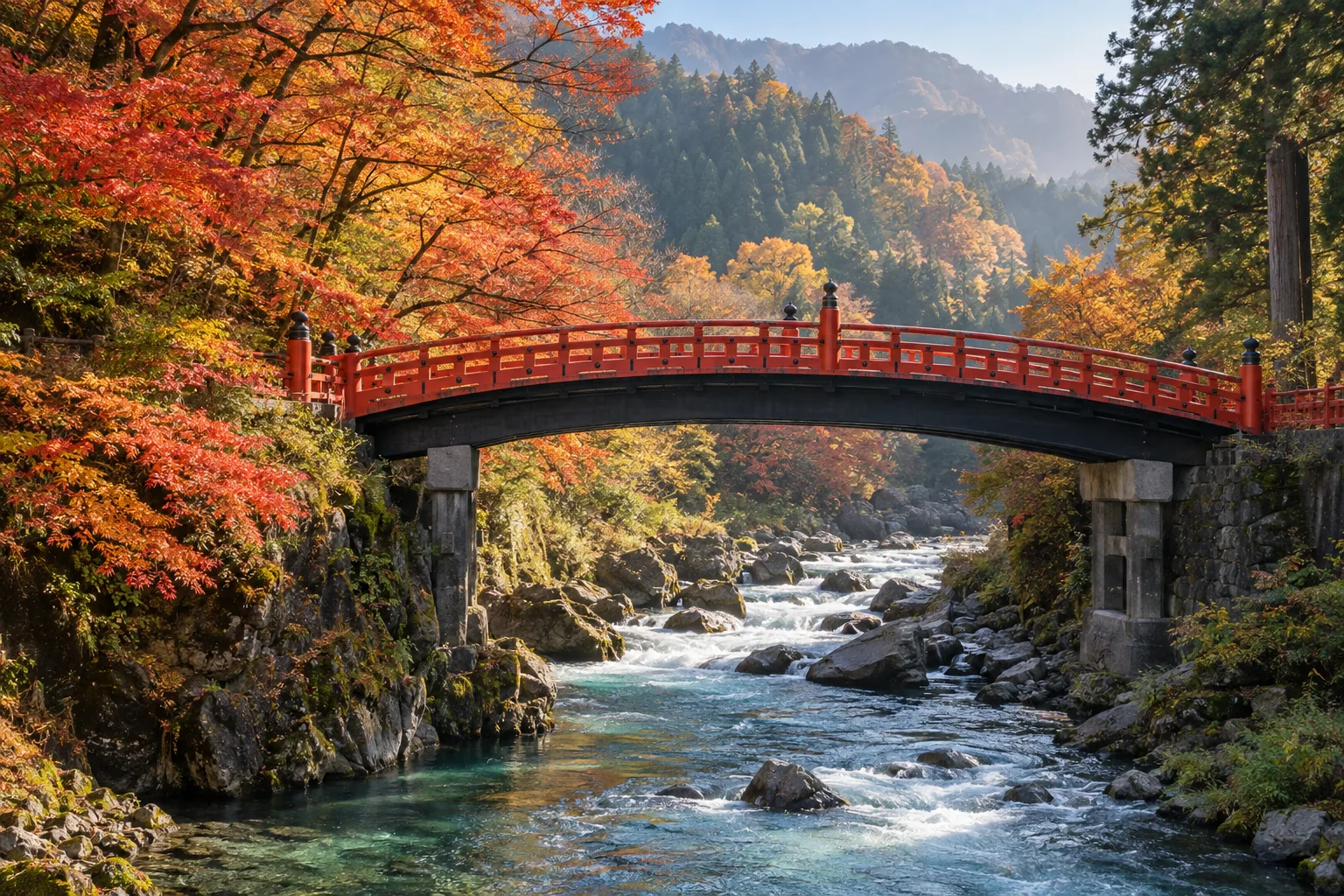 The red Shinkyo sacred bridge over the Daiya River in Nikko, surrounded by autumn foliage in soft morning light