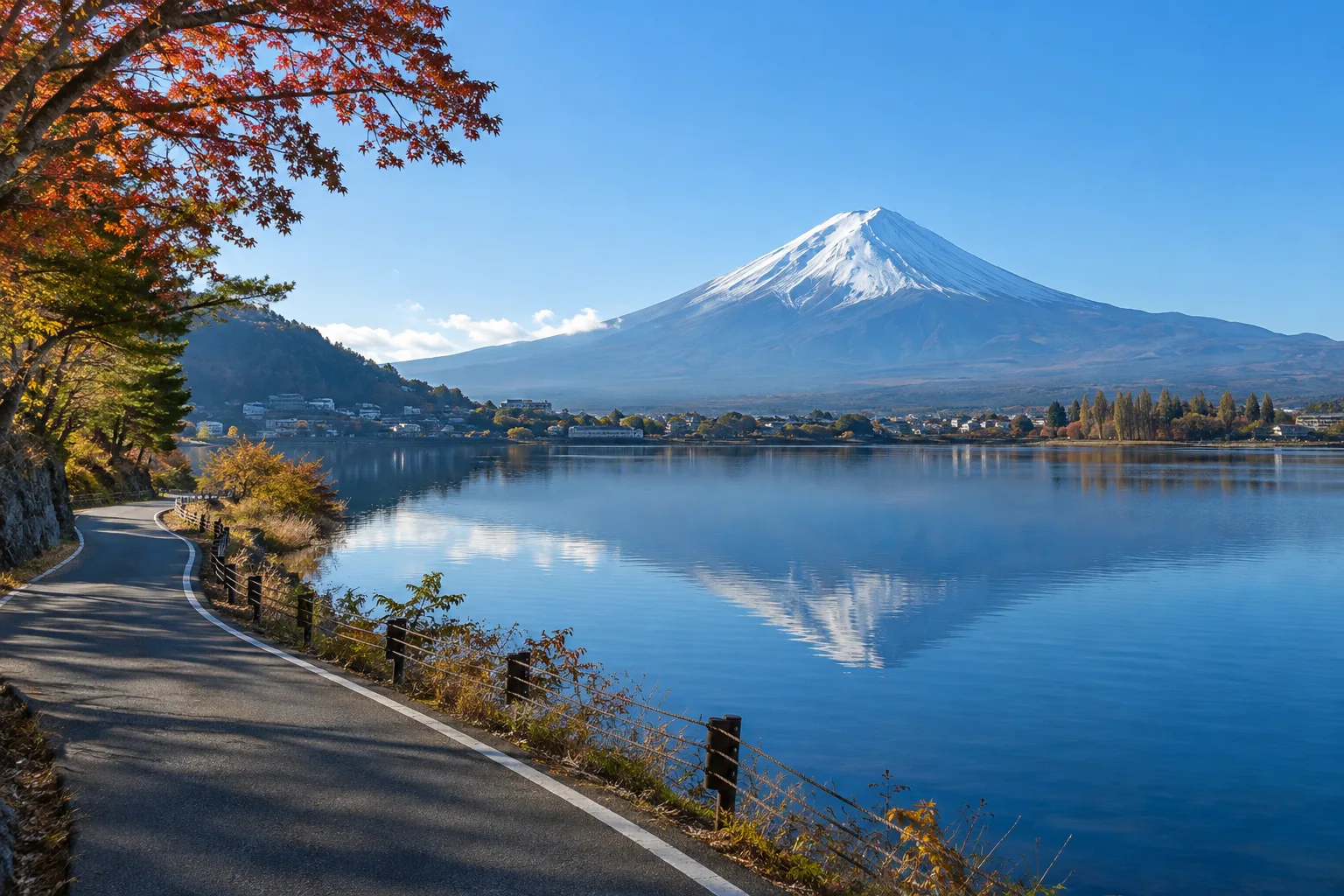 Mt. Fuji reflected in calm Lake Kawaguchi on a clear autumn morning, with a quiet lakeside road and red maple leaves in the foreground
